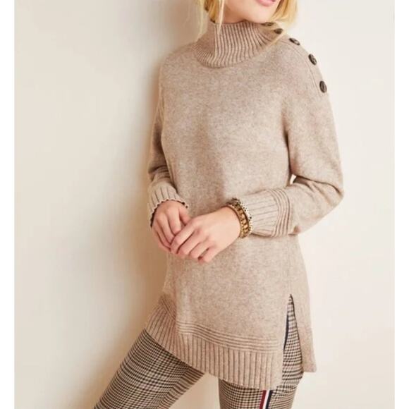 by Anthropologie Sweater Women's 3X Mocha Brown Button Accent Mock Neck Cozycore - Picture 8 of 14